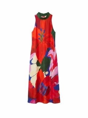 FARM Rio Red Floral Midi Dress with Green Trim